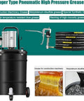 Heavy Duty Pneumatic Grease Pump 80 To 1 Air Powered Injector Gun With Forty Liter Capacity And Fifteen Foot Hose Swivel Tip on a black container.