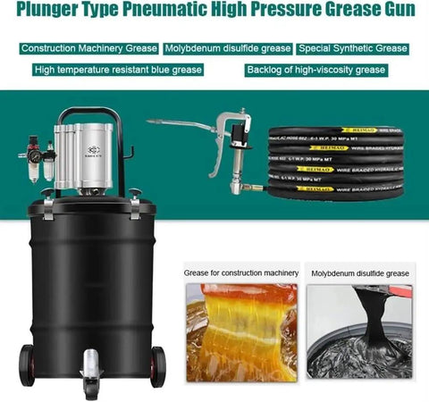 Heavy Duty Pneumatic Grease Pump 80 To 1 Air Powered Injector Gun With Forty Liter Capacity And Fifteen Foot Hose Swivel Tip on a black container.