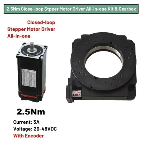 Heavy Duty Hollow Rotary Table Motor Drive Platform With Top Shelf Gearbox Reducer Indexing Kit showing close-loop stepper motor and gearbox.