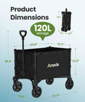 Heavy Duty Foldable Wagon Cart With Wheels, 120L Capacity, 220 Lbs Load, black collapsible utility wagon with product dimensions