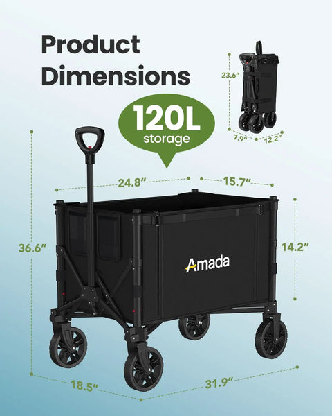 Heavy Duty Foldable Wagon Cart With Wheels, 120L Capacity, 220 Lbs Load, black collapsible utility wagon with product dimensions