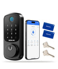 Smart Door Lock B200 With Keyless Entry, Fingerprint Scanner, Touchscreen Keypad, App Control, keys, and fobs shown