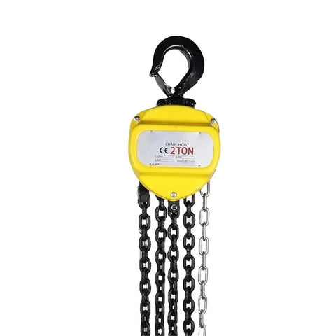 Straight Up Heavy Duty Manual Chain Hoist With 20 Ton Capacity Industrial Rigging Kit featuring a yellow 2-ton hoist and durable chains.