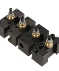 Badass Slick Quick Change Mini Lathe Tool Post Holder With Four Piece Hardcore Aluminum Cutting Blade Set For Boring Turning And Facing On Compact Metal Lathes, featuring black aluminum tool holders.