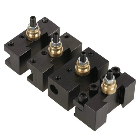 Badass Slick Quick Change Mini Lathe Tool Post Holder With Four Piece Hardcore Aluminum Cutting Blade Set For Boring Turning And Facing On Compact Metal Lathes, featuring black aluminum tool holders.