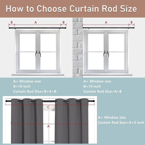 Diagram showing how to size Extra Long Curtain Rod 120 To 170 Inches for windows, with measurements and text instructions.