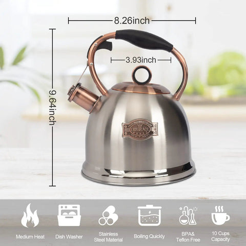 Stainless Steel Whistling Tea Kettle For Stovetop, Food Grade Build With A Thick 5 Layer Bottom For Even Heating, Heats Water Fast