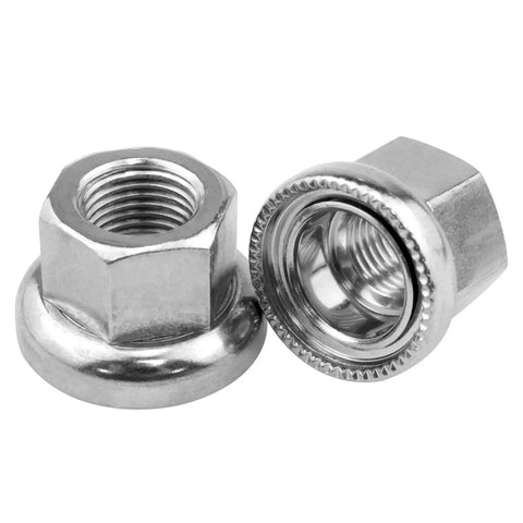 Flange Axle Nuts Set For Bikes M9 M10 Carbon Steel With Chrome Plating, two nuts shown, durable and rust resistant finish