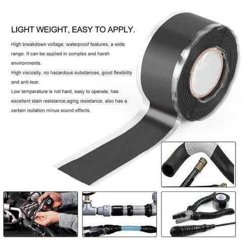 Pro Grade Super Strong Waterproof Tape For Quick Leaks Sealing And Repairs Self Fluxing Silicone Adhesive Duct Tape For Pipes Insulation And Heavy Duty Fixes Black shown with flexible application.