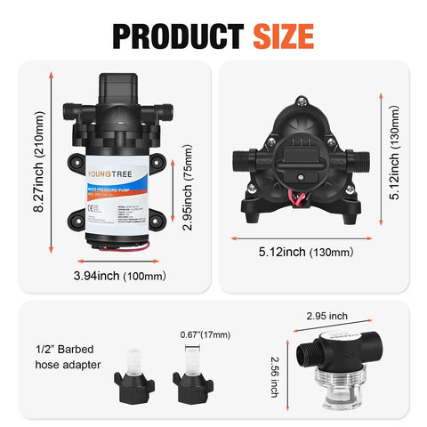 Diagram showing product size of 12V RV Water Diaphragm Pump With Auto On Off Switch Self Priming 3.5 GPM At 45 PSI Fresh Water Pressure Pump