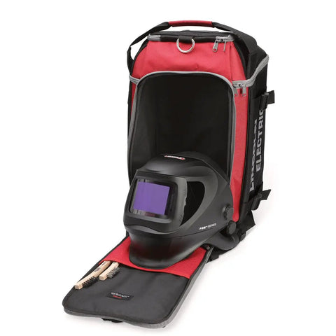 2-in-1 Welder Gear Duffle Pack, PAPR Ready, Built Tough With 1680 Denier Fabric, 10,000 Cu In Storage, open with helmet inside.