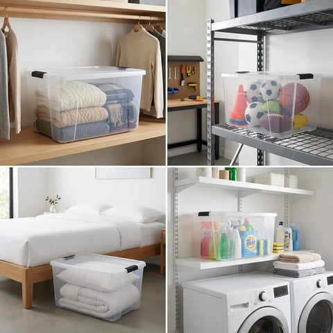 60 Quart Clear Plastic Storage Bins With Secure Latching Lids hold blankets, sports gear, and cleaning supplies for home organization.