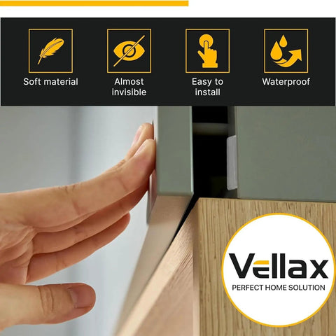 Ditch The Noisy Door Slams With These Clear Silicone Cabinet Bumpers, Self Adhesive Anti Bang Pads For Quieter Drawers And Furniture, 128 Tranquil Home Upgrade Pack showing soft silicone pad installation on a drawer.