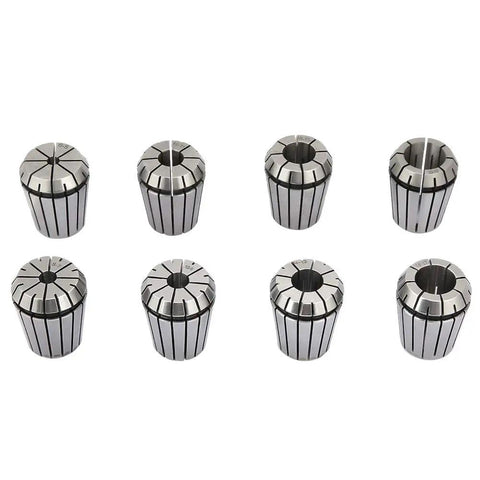 Set Of Eight Tough As Nails Manganese Steel ER32 Spring Collet Chucks Pro Level balanced CNC tool holders displayed on white background.