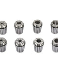 Built Tough ER32 Manganese Steel CNC Collet Chuck Set, Rock Solid Eight Piece Tool Holder shown from overhead, precision design.