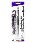Graph Gear 500 0.5mm Drafting Pencil With Mesh Grip And 4mm Tip, Hi Polymer HB Lead For Pro Grade Drafting And Template Work, Built For Pros And Architects, Black Barrel, 1 Pack, in packaging showing man sketching.
