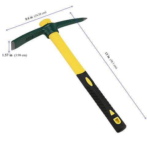 Two Pack 15 Inch Pick Mattock Hoe Set With Forged Steel Head And Fiberglass Handle shown with dimensions