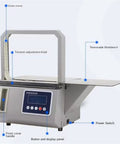 Automatic Omnidirectional Sausage Strapping Machine For Supermarket Vegetables And Food showing guide frame and control panel.