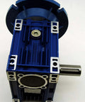 Worm gear speed reducer, blue, with right-side output shaft and four mounting flanges