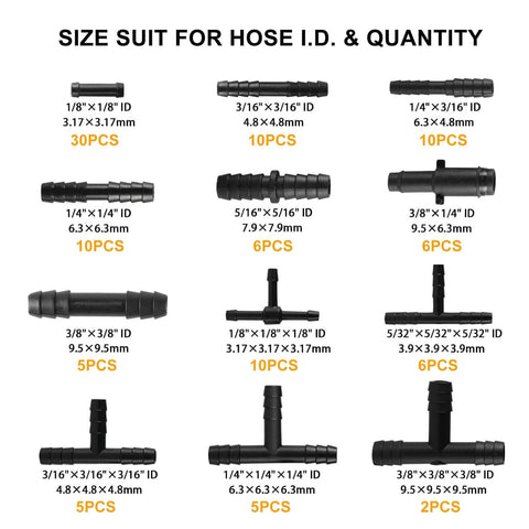 105-piece automotive vacuum connector assortment with barb fittings, tees and straights in 1/8, 3/16, 1/4, 5/16, 3/8 in sizes