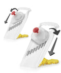 Front and side views of Börner Wave-Waffle XXL PowerLine white vegetable slicer with red knob and crinkle/wave blades