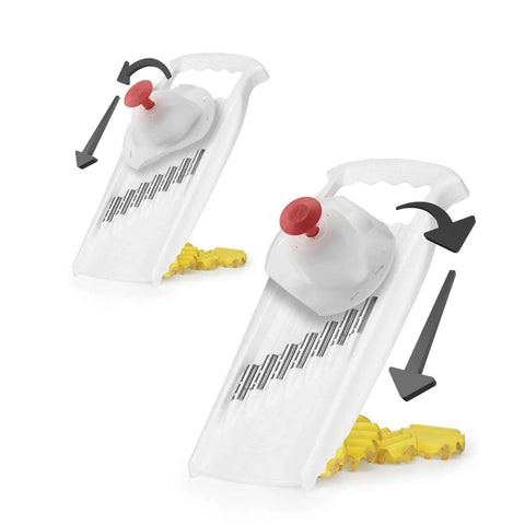 Front and side views of Börner Wave-Waffle XXL PowerLine white vegetable slicer with red knob and crinkle/wave blades