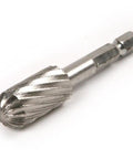 Five Piece 1/4 Inch Hex Shank High Speed Steel Rotary Burr File Set For Clean Wood Carving And Fast Trimming With Heavy Duty Construction And An Absolute Toolbelt Essential Kit - Close-up of rotary burr cutter.