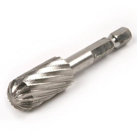 Five Piece 1/4 Inch Hex Shank High Speed Steel Rotary Burr File Set For Clean Wood Carving And Fast Trimming With Heavy Duty Construction And An Absolute Toolbelt Essential Kit - Close-up of rotary burr cutter.