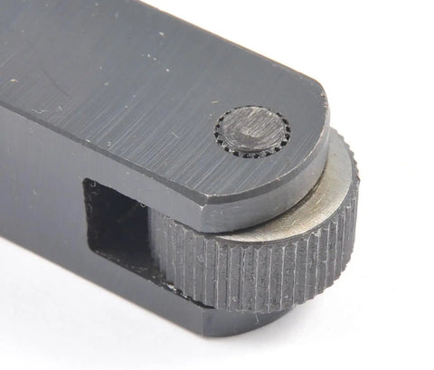 Close-up of the Single Knurling Tool For Lathes Four By One Half By One Half Inch Shank with knurl wheel and machined steel holder.