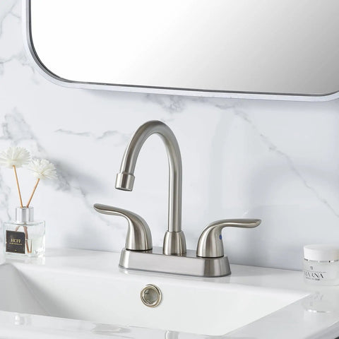 4 Inch Centerset Bathroom Faucet In Brushed Nickel, Deck Mounted Two Handle Vanity Mixer With Drain Assembly And Flexible Supply Hoses, Ideal For Lavatories, RV Campers And Home Bathrooms