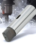 Angled view of taper reducing adapter drill sleeve MT5 to MT2, silver finish, precision machined for industrial use