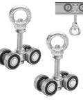 Four Wheel Trolley Assembly Rollers With Silent Strut Solid Steel Construction M10 Bolt Lifting Eye Nuts For One And Five Eighths Inch Wide Strut Channel Heavy Duty Galvanized Bearing Trolley Pair Two Piece Set, side and installed view.