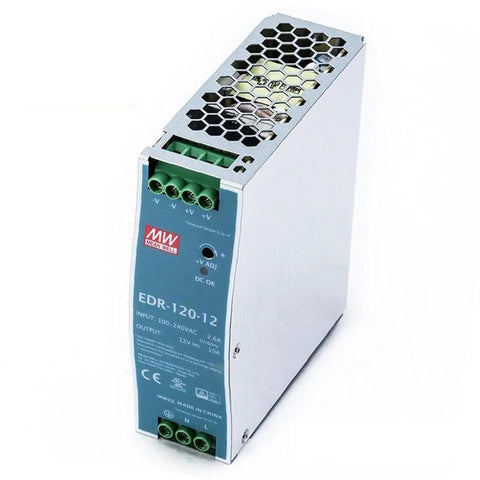 Solid Build 12 Volt Ac Dc Din Rail Industrial Power Supply delivering 120 Watts and 10 Amps with metal housing close-up view.