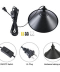 Heavy Duty Black Plug In Pendant Lights 2 Pack Industrial Hanging Lamps With 15 Foot Adjustable Cord And Switch showing on/off switch and UL plug.