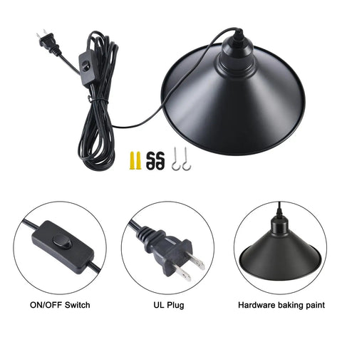 Heavy Duty Black Plug In Pendant Lights 2 Pack Industrial Hanging Lamps With 15 Foot Adjustable Cord And Switch showing on/off switch and UL plug.