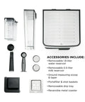 Accessories for Sleek Green Espresso And Cold Brew Coffee Maker With Premium Barista Gear including water and milk reservoirs.