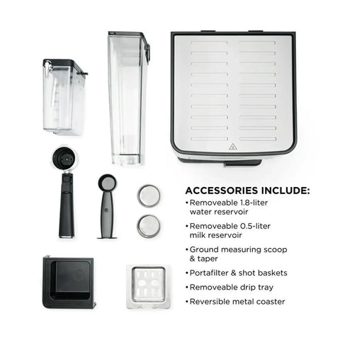 Accessories for Sleek Green Espresso And Cold Brew Coffee Maker With Premium Barista Gear including water and milk reservoirs.