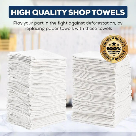 Bulk 500 Pack White Shop Towels Reusable And Washable For Commercial Use In Auto Shops Garages Restaurants Warehouses And Labs A Heavy Duty Eco Friendly Alternative To Paper Towels For Messes And Spills