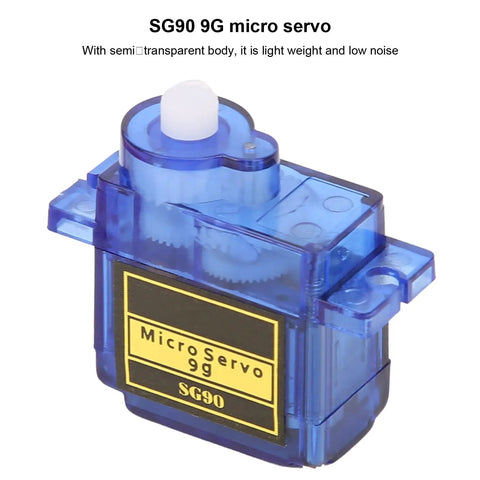 SG90 9G micro servo with semi-transparent blue body, lightweight design, labeled Micro Servo 9g for RC applications