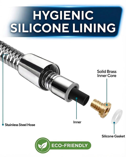 Cross-section of extra long 157 inch stainless steel shower hose with brass connectors flexible handheld hose for high pressure showers g one half inch inlet leak proof washers universal fit