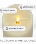 Scalloped Edge Flameless LED Candle Ivory 3x6.5 Inch Battery Operated With Moving Flame Real Wax Pillar Timer Vanilla Honey Scent Remote Ready Cozy Home Decor Upgrade showing LED technology and moving flame
