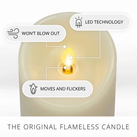 Scalloped Edge Flameless LED Candle Ivory 3x6.5 Inch Battery Operated With Moving Flame Real Wax Pillar Timer Vanilla Honey Scent Remote Ready Cozy Home Decor Upgrade showing LED technology and moving flame