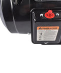 Top Notch 5 HP Single Phase Industrial Air Compressor Electric Motor At 1725 RPM With Heavy Duty Black Finish showing control panel and warning label.