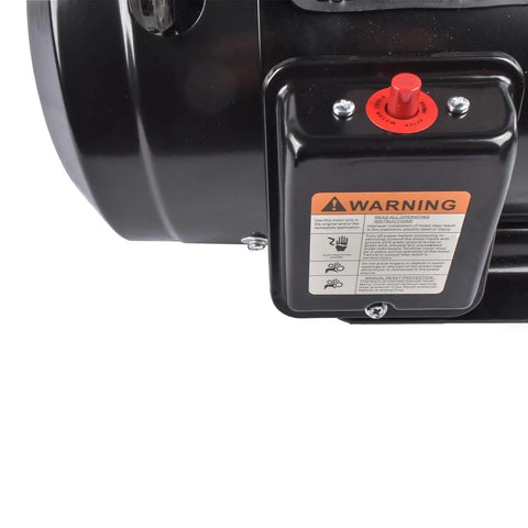 Top Notch 5 HP Single Phase Industrial Air Compressor Electric Motor At 1725 RPM With Heavy Duty Black Finish showing control panel and warning label.