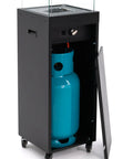Open base of Smokeless 360 Degree Propane Patio Heater, 41,000 BTU, 59 Inch Freestanding Glass Tower On Wheels showing propane tank.