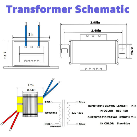 Schematic diagram of a 24V 10W AC To AC Power Transformer with dimensions, color-coded wiring, and 120V 60Hz input specifications.