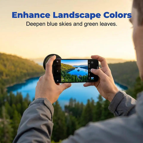 Magnetic CPL Phone Camera Filter Kit with Quick Mount Polarizing Filter in use for outdoor mobile photography, enhancing colors.