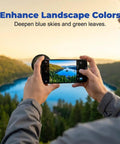 Person using CPL Phone Camera Filter Kit With Quick Mount Polarizer for vivid landscape photography with reduced glare.