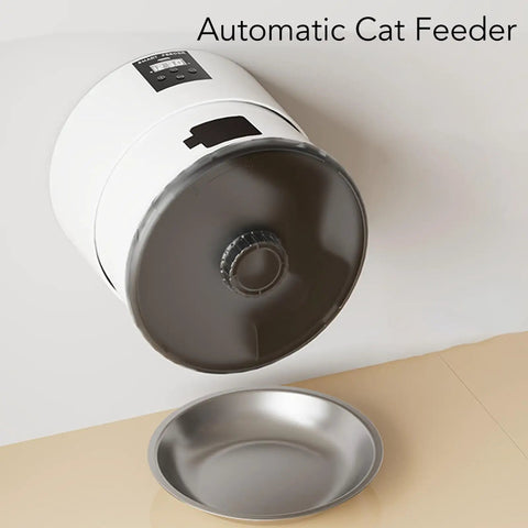 Wall Mounted Automatic Cat Feeder With WiFi Remote And 4 Liter Bin, sleek white design with stainless steel bowl below.
