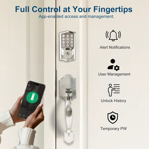 Smart Keypad Door Lock With Handle, Tuya WiFi App Control, Fingerprint And Code Entry, showing mobile app interface next to door
